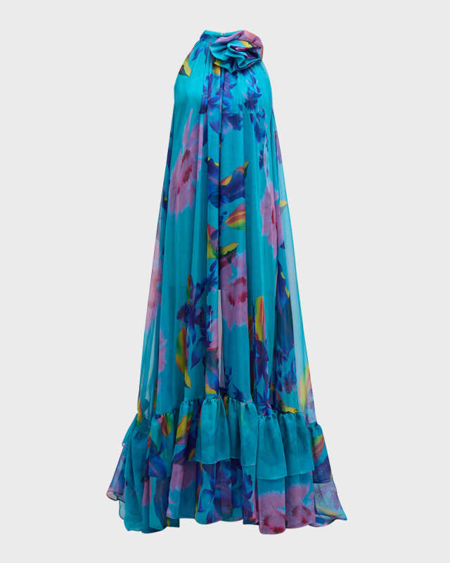 Floral-Print Halter Trapeze Gown